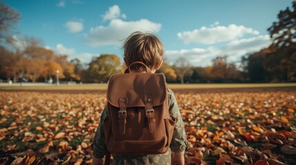 boy with backpack in sunflower field
