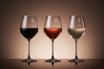 A row of glasses filled with red, rosÃ©, and white wine