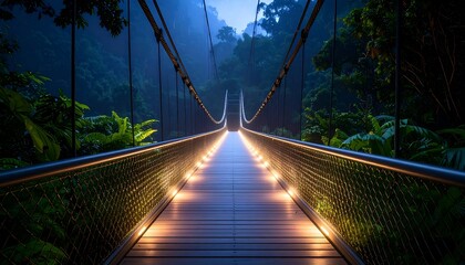 Walking on Suspended Footbridge Through Tropical Rainforest at Night