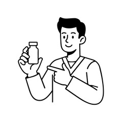 Smiling Doctor Pointing at a Small Medicine Bottle in Hand Illustration.