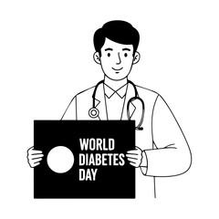 Smiling Doctor Holding Sign for World Diabetes Day Black and White Illustration.