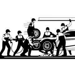 Obraz premium Silhouette of a Race Car and Pit Crew Performing Tire Change During a Race.