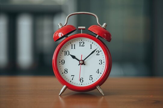 Vintage red alarm clock sitting on a surface. - Powered by Adobe