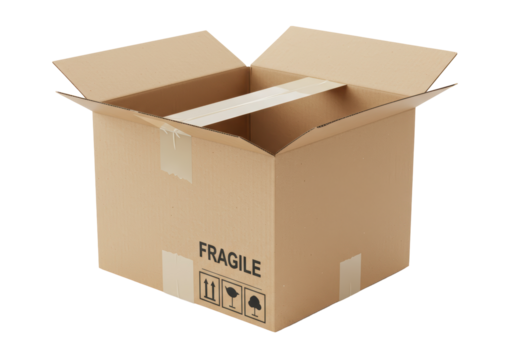 Isolated open cardboard box ready for shipping fragile goods carefully and safely stored