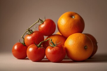 Still life photo featuring mandarins and cherry tomatoes