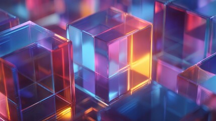 abstract background with glass cubes and blue purple and orange lights in the style of futuristic architecture