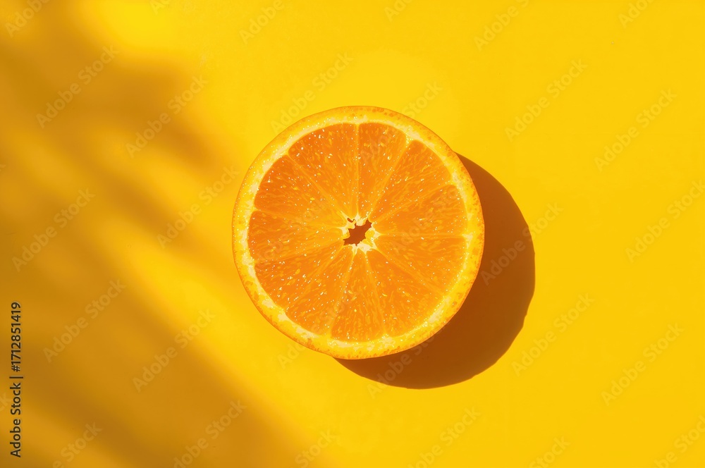 Poster half an orange against a bright yellow surface. citrus segment on a vibrant background. overhead per