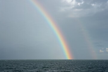 Rainbow visible in cloudy sky after rain