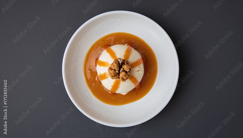 Aufkleber top view of vanilla ice cream topped with caramel drizzle and walnuts on a dark grey surface