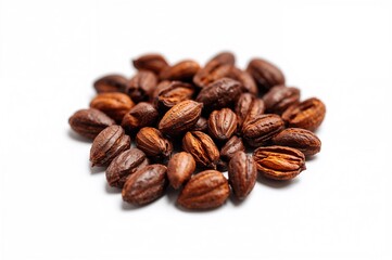 Naklejka premium Cocoa beans used as a raw material for chocolate production, displayed on a white backdrop