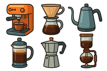 Various coffee brewing methods colorful modern vector illustrations set. Espresso machine, pour-over, kettle, French press, moka pot, siphon coffee maker. Coffee equipment brewing tools