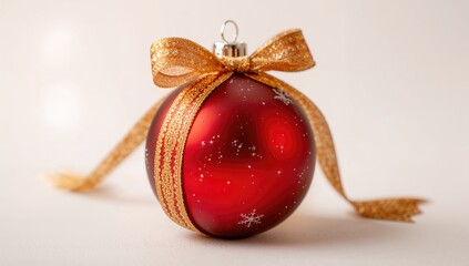 Picture of a red Christmas ornament styled like a present, set against a white backdrop