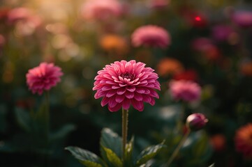 Bright pink blossom centered in a lush garden