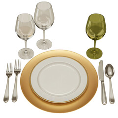 透明な背景に配置されたエレガントな食器とカトラリーのセット 光沢のある金色の装飾と白いプレートとワイングラス