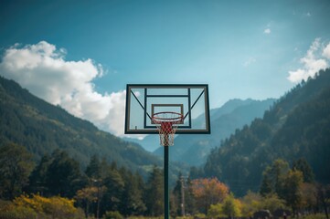 Basketball Hoop Set Up in a Scenic Mountain Valley Playground