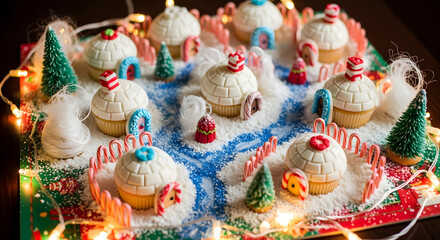 Colorful Christmas candy village cake decorated with frosting, sweets, and holiday ornaments.