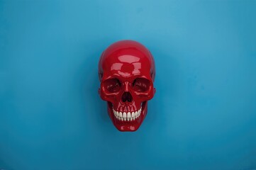 Top view of a crimson skull on a blue background