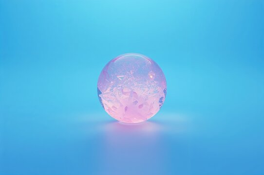 Bright blue backdrop with a pink crystal orb in soft pastel shades. Minimalist style. AI-generated image