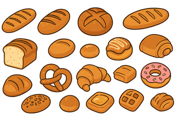 Variety of baked goods assortment with different types of bread, pastries, croissants, pretzels, rolls, and sweet treats, cartoon vector illustration on white background