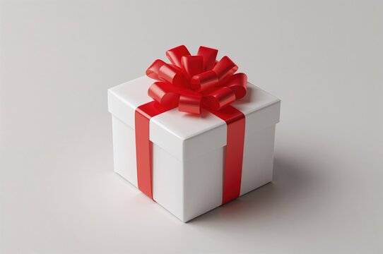 White gift box adorned with a red satin bow, realistically wrapped and isolated on a transparent background.