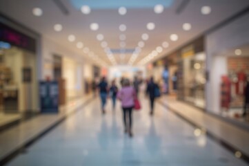 Blurred perspective view of a corridor inside a retail center showcasing bokeh lights and figures in the distance.