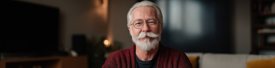 Fototapeta premium Elderly caucasian male with glasses and white beard sitting indoors