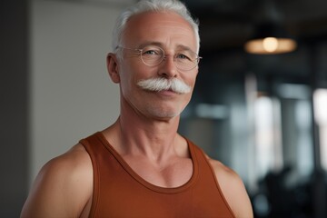 Mature caucasian male in gym setting with glasses and mustache