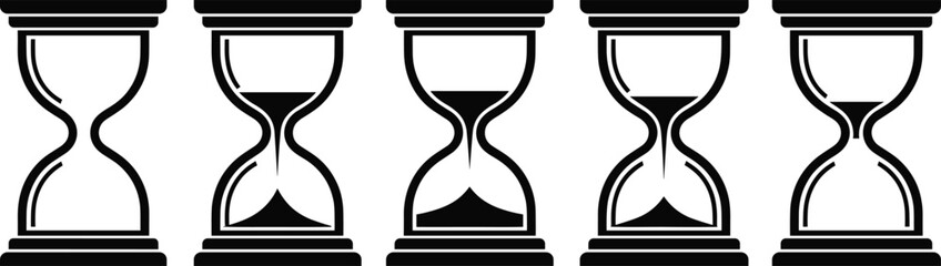 Stylized Hourglass Vector Icons, Sand Flow Stages, Time Passing Concept, Minimal Black Silhouettes, Productivity and Life Symbol