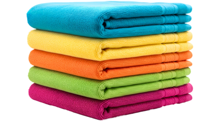 An isolated stack of soft, multi-colored terrycloth towels is perfect for a spa or home. These vibrant and plush towels offer both comfort and style.