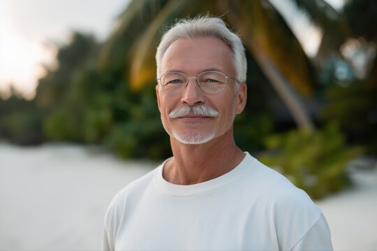 Elderly caucasian man with glasses and mustache on beach