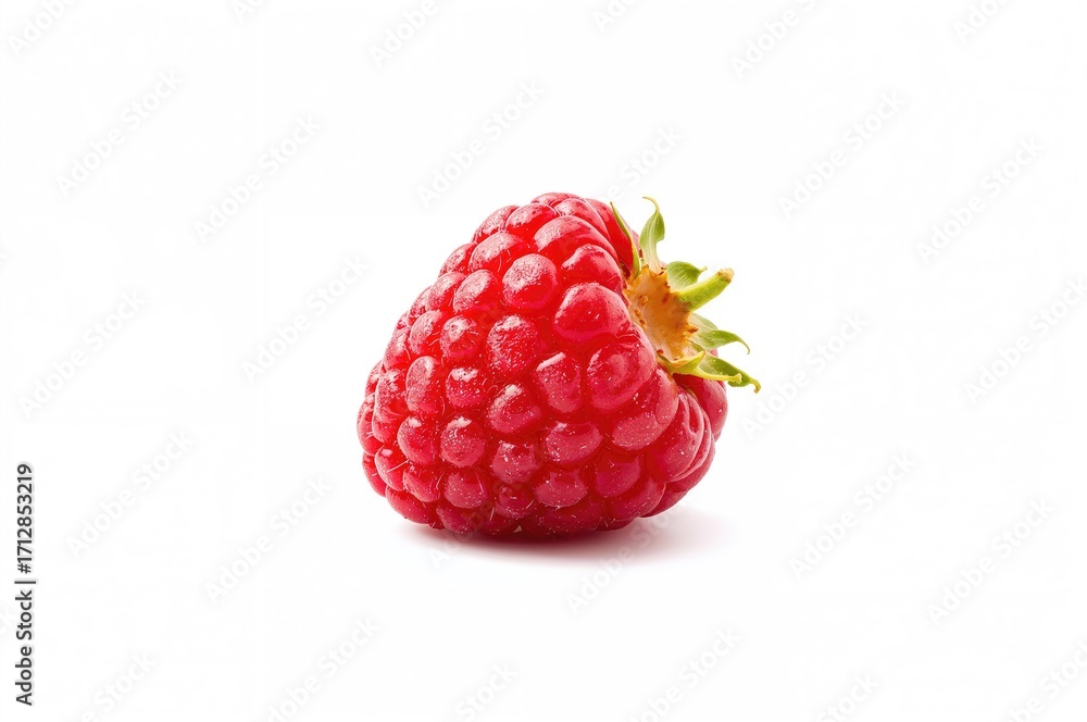 Poster single raspberry against white backdrop with clipping path and full depth of field