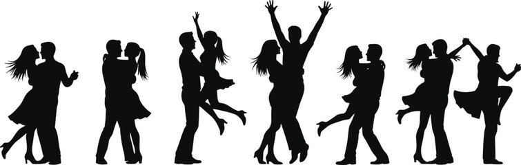 Silhouette dancing couples vector, romantic dance poses, partner choreography illustration, ballroom movement art, black silhouette dancers, elegant couple performance, dance-themed graphic