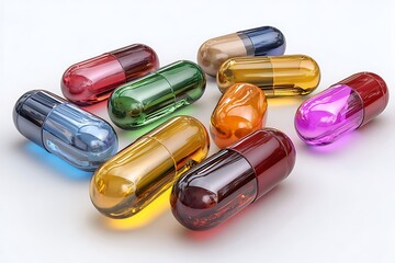Vibrant collection of colorful capsules for medical research and pharmaceutical advertising, showcasing modern medicine and health solutions in a dynamic display