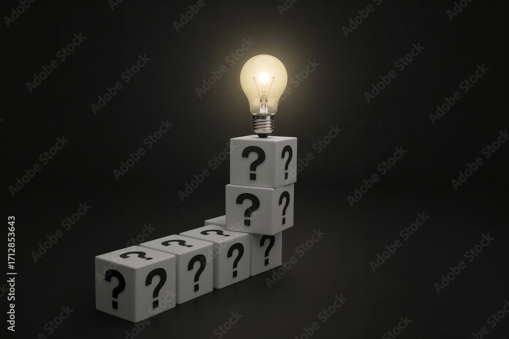 Poster white blocks marked with question marks ascending to a shining light bulb against a dark backdrop