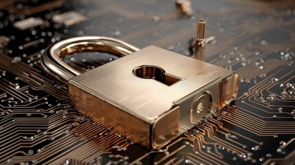 conceptual illustration of a strong metallic padlock firmly secured on a complex digital circuit board representing the critical importance of cybersecurity data encryption and network protection
