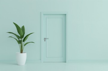 Modern 3D illustration featuring a minimalist plant pot and doorway, ideal for social media ads and cosmetic product displays, showcasing pastel blue and green hues with a focus on wellness.