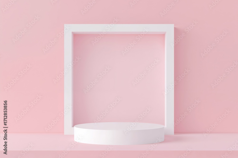 Aufkleber modern studio setup featuring a platform with a white and soft pink rectangular backdrop for showcas