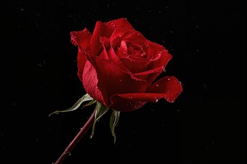 Black backdrop with a single red rose adorned with water droplets
