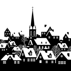Obraz premium Stylized black silhouette of a quaint winter village with snowcovered roofs and a central church steeple.
