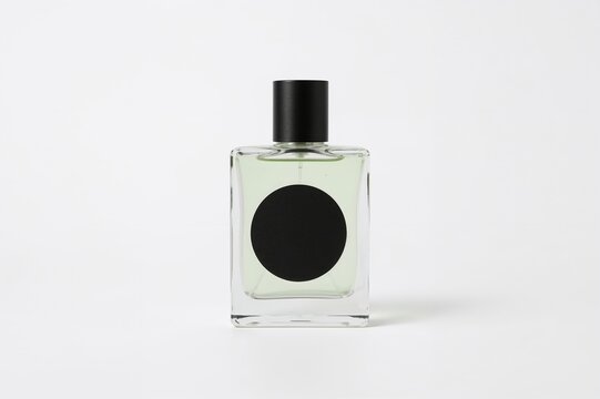 Fragrance container featuring a dark label against a plain white backdrop