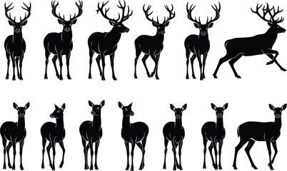 Silhouette deer vector set, stag and doe wildlife illustration, antler animal poses, forest fauna clipart, hunting, nature, rustic design