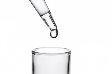 Liquid released via pipette or dropper in a lab setting. Concepts in biotech, pharma, scent, and beauty industries. Close-up of clear glass on a light background.