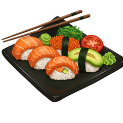 Japanese Sushi Platter With Salmon Avocado Seaweed Wasabi and Tomatoes on Black Plate with Chopsticks