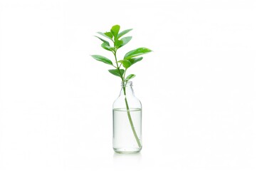 Green leaf plant inside a transparent glass container on a plain white backdrop, isolated with clipping path