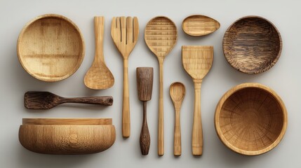 a collection of natural bamboo and wooden kitchen utensils and bowls arranged on a light surface