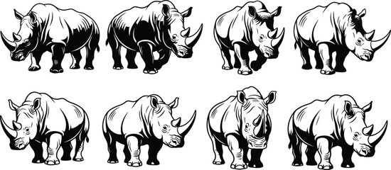 Wild rhinoceros animal set, black and white safari wildlife drawings, strong rhino mascot collection, detailed vector illustration © PixelsWorld