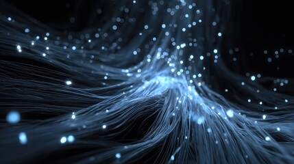 against a dark background blue light spots cascade like beams as if data pouring creating a tech  futuristic data  flow scene