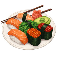 透明背景に盛られた新鮮な寿司の盛り合わせ 鮮やかなサーモンとイクラ 海苔とワサビ アボカドと箸 白いプレートにのったおいしい料理