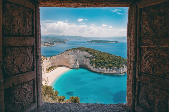 Fototapeta Aerial perspective of a sandy beach seen through a rocky frame on a Mediterranean island