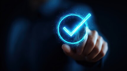 futuristic digital badge with glowing checkmark concept of approval and certification hand presenting a luminescent blue icon